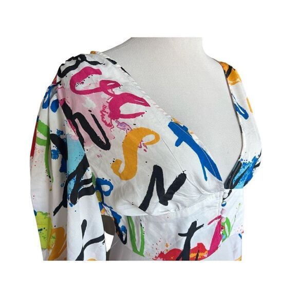 NWT Womens Love X Design Grafitti Chic Scribble Print Balloon Sleeve Crop Top L - Picture 2 of 2